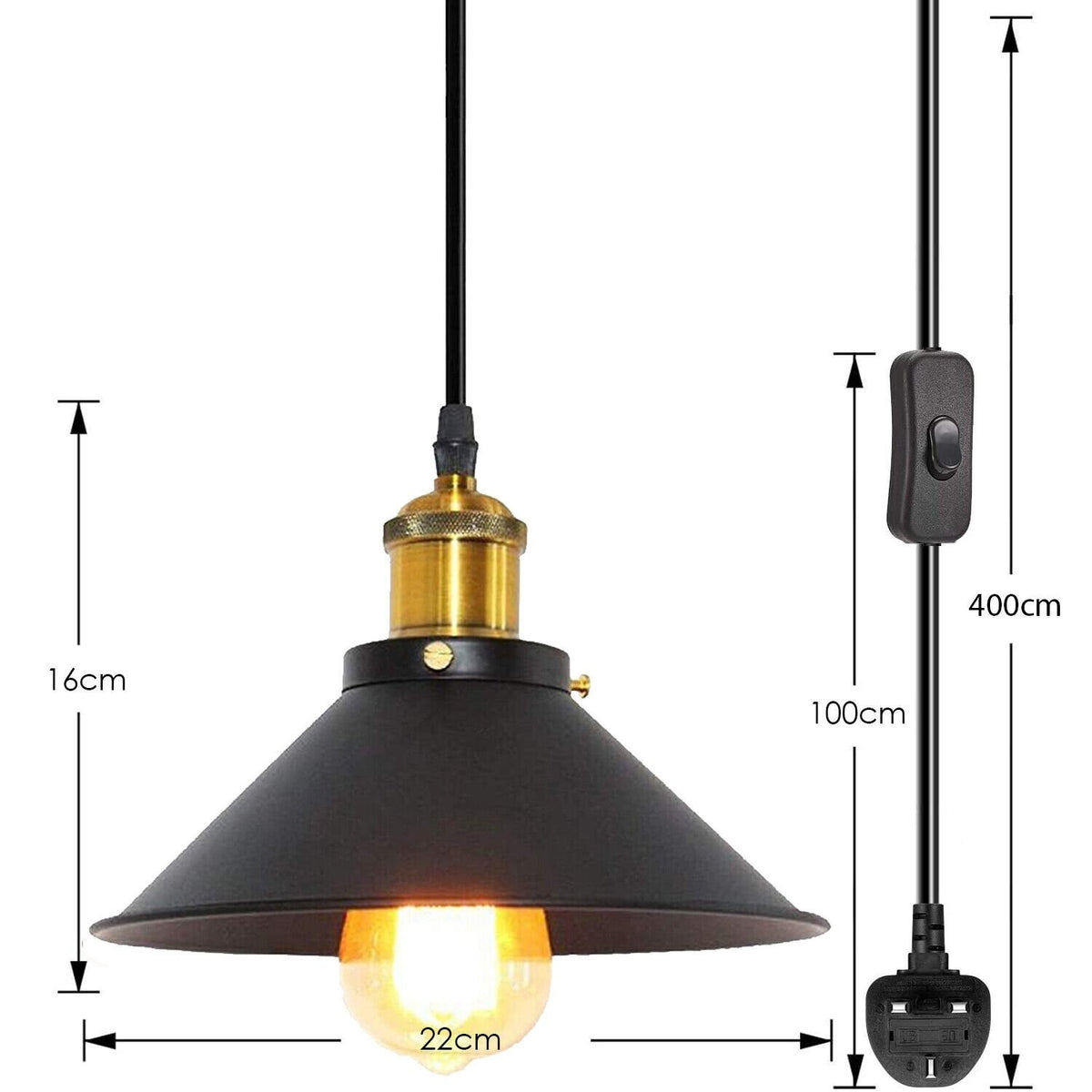 Plug-In Pendant Light – 4 m Black Flex, Switch, Barn, Cone or Cage - photo 2