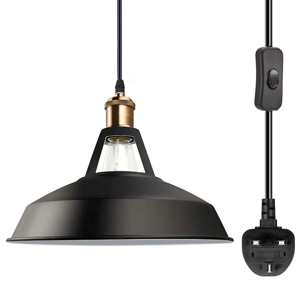 Plug-In Pendant Light – 4 m Black Flex, Switch, Barn, Cone or Cage - Standard, Barn Slotted 30 cm Black & White Inner, Without Bulb