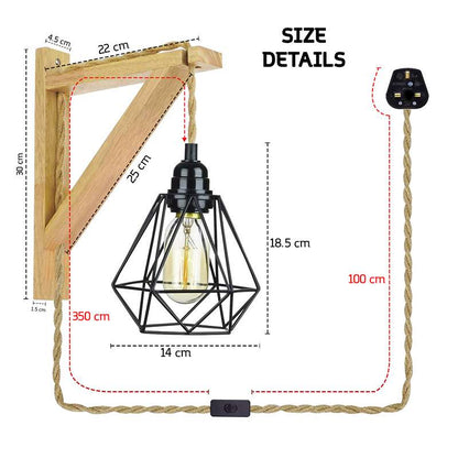 Plug-In Wooden Bracket Wall Light with Hemp Cord & Diamond Cage – E27 - photo 2