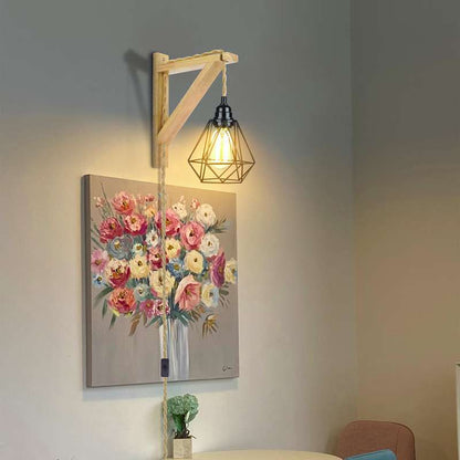 Plug-In Wooden Bracket Wall Light with Hemp Cord & Diamond Cage – E27 - photo 4