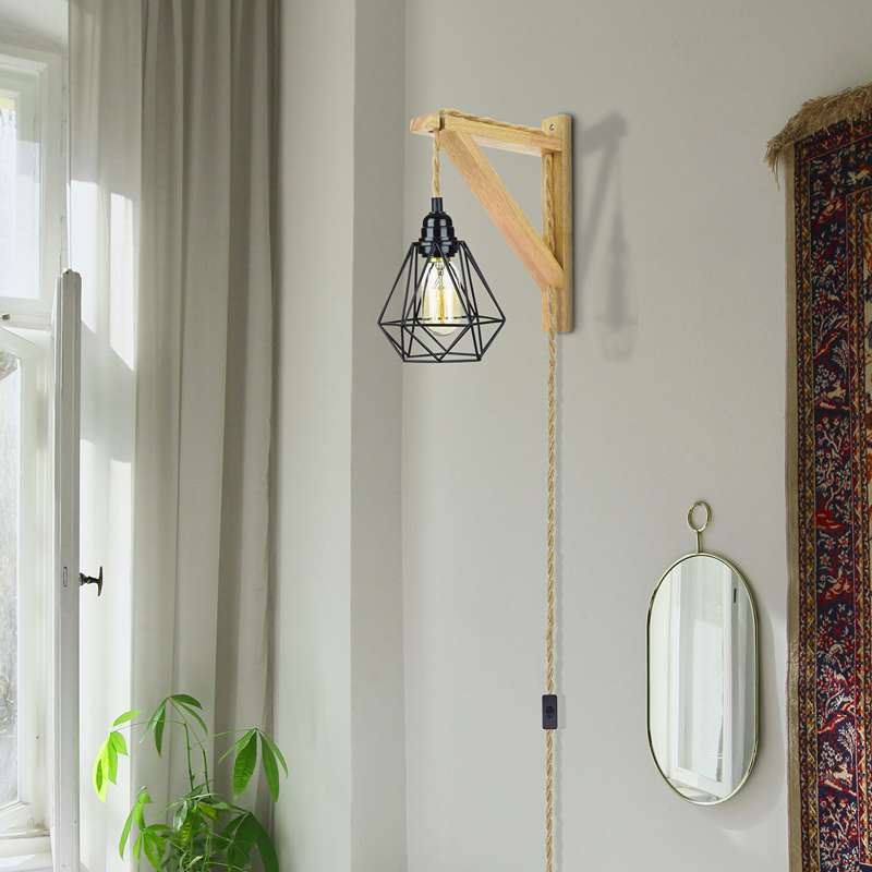 Plug-In Wooden Bracket Wall Light with Hemp Cord & Diamond Cage – E27 - photo 5