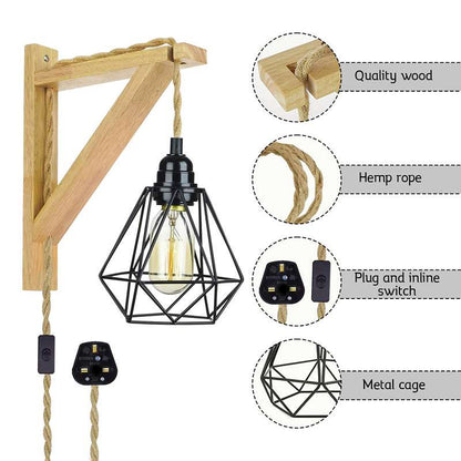 Plug-In Wooden Bracket Wall Light with Hemp Cord & Diamond Cage – E27 - photo 6