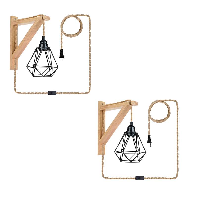 Plug-In Wooden Bracket Wall Light with Hemp Cord & Diamond Cage – E27 - Black, Pack of 2, Without Bulb