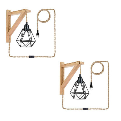 Plug-In Wooden Bracket Wall Light with Hemp Cord & Diamond Cage – E27 - Black, Pack of 2, Without Bulb