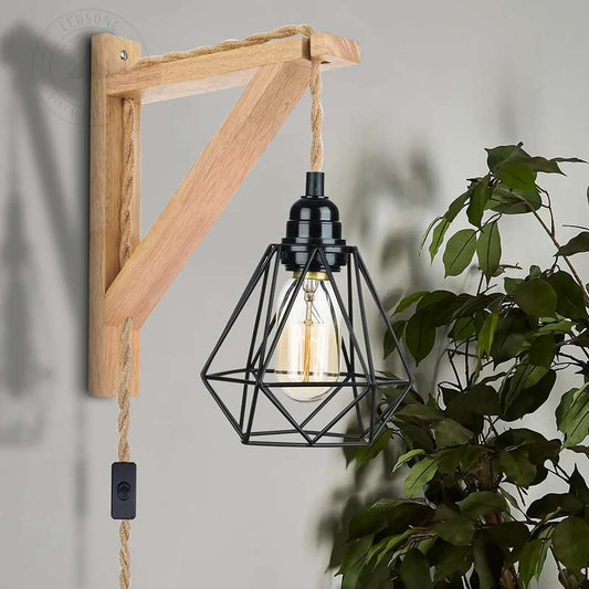 Plug-In Wooden Bracket Wall Light with Hemp Cord & Diamond Cage – E27