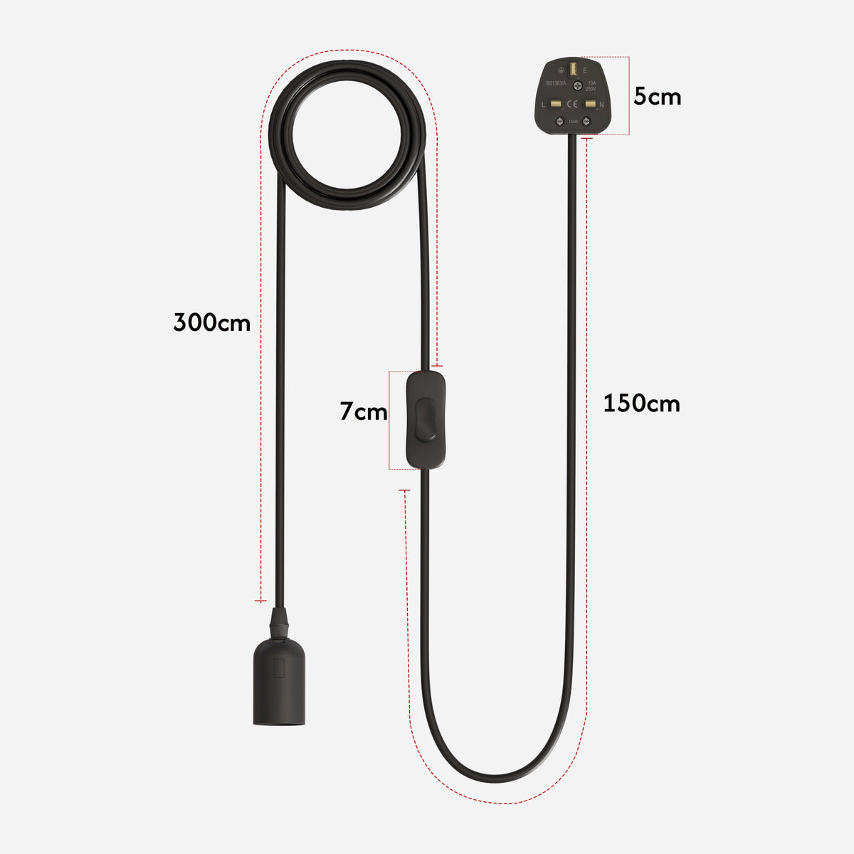 Plug-In Pendant Light Cord – E27 Holder, On/Off Switch, UK Plug, Black - photo 11