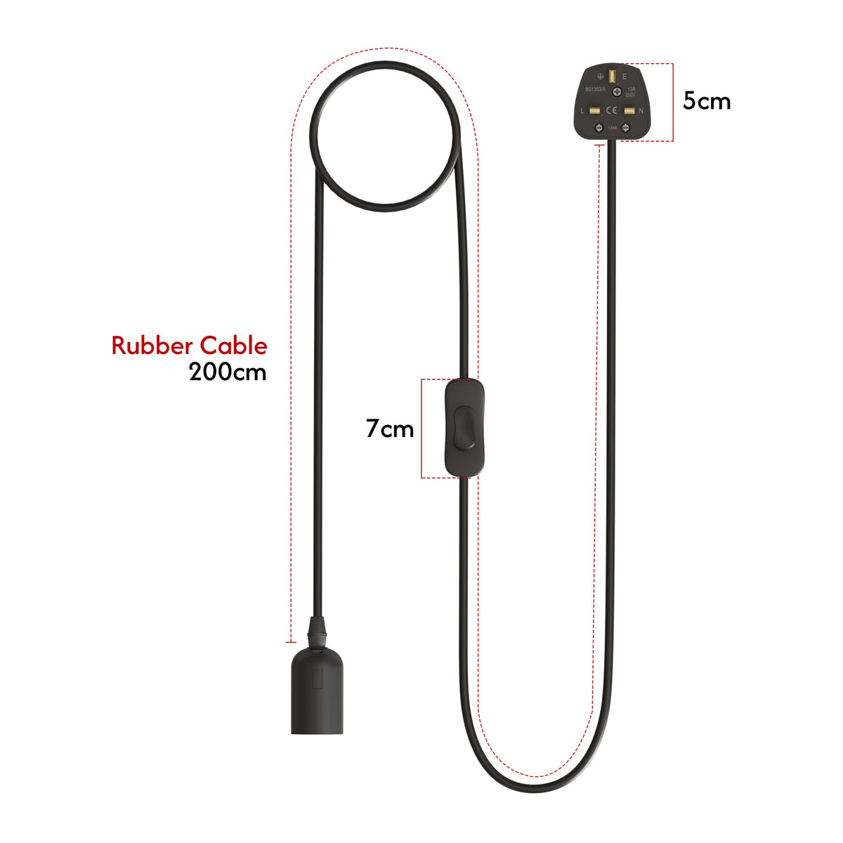 Plug-In Pendant Light Cord – E27 Holder, On/Off Switch, UK Plug, Black - photo 12