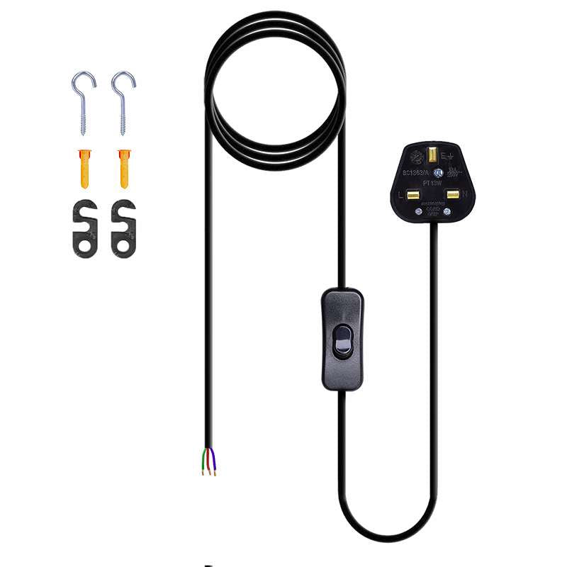 Plug-In Pendant Cord with Switch – Black, 2 m, No Lamp Holder