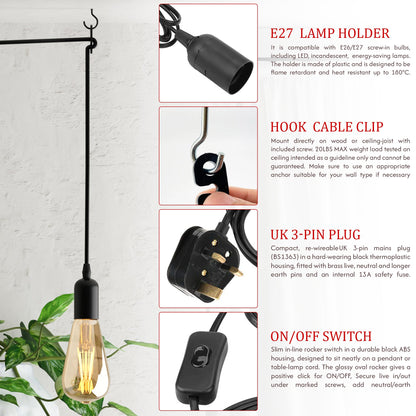 Plug-In Pendant Light Cord – E27 Holder, On/Off Switch, UK Plug, Black - photo 6
