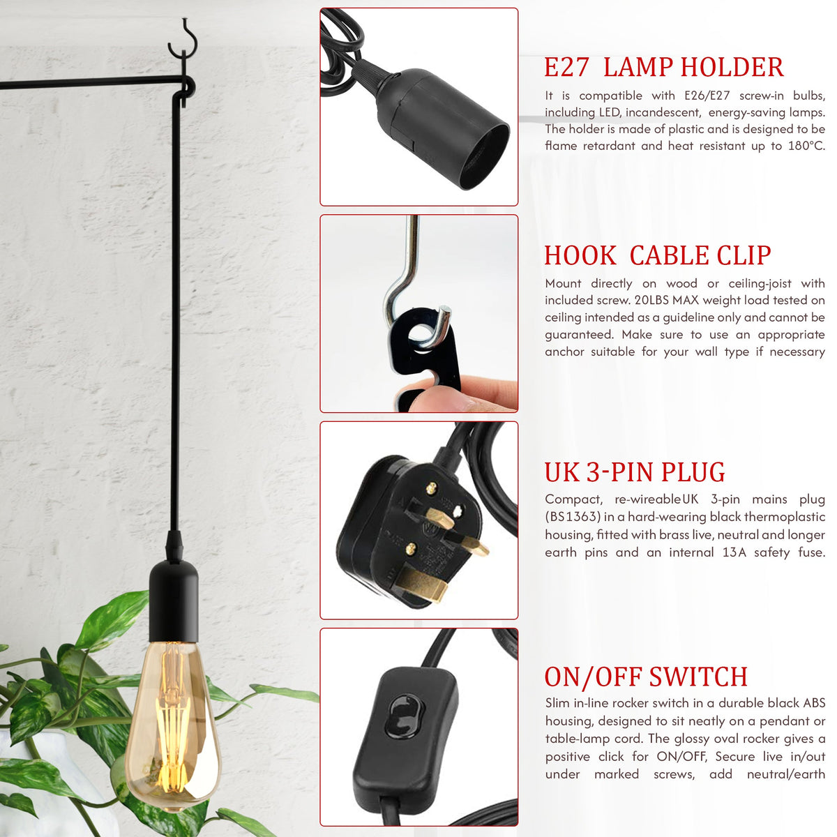 Plug-In Pendant Light Cord – Black or White, 2 m, E27 with Switch - photo 7