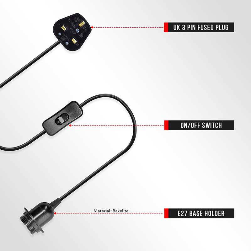 Plug-In Pendant Light Cord – E27 Holder, On/Off Switch, UK Plug, Black - photo 9