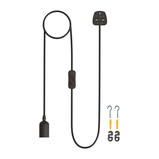 Plug-In Pendant Light Cord – Black or White, 2 m, E27 with Switch - Black, No Shade, Without Bulb