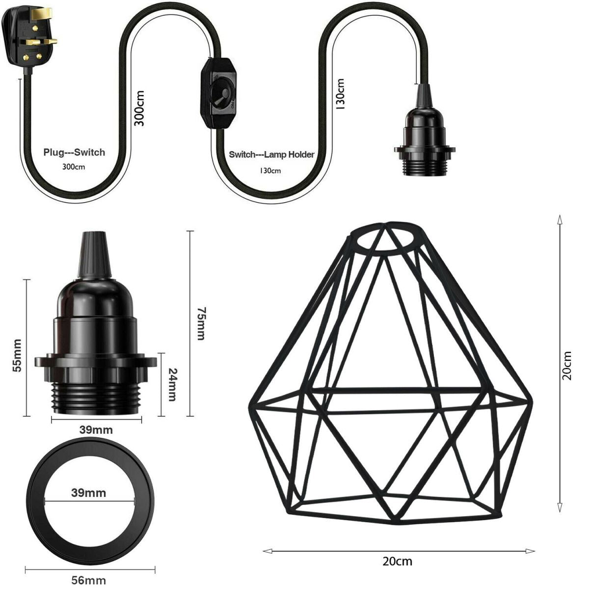 Plug-In Diamond Cage Pendant – 4 m Cable, Dimmer Switch, E27 - photo 3