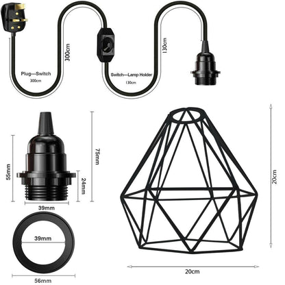 Plug-In Diamond Cage Pendant – 4 m Cable, Dimmer Switch, E27 - photo 3