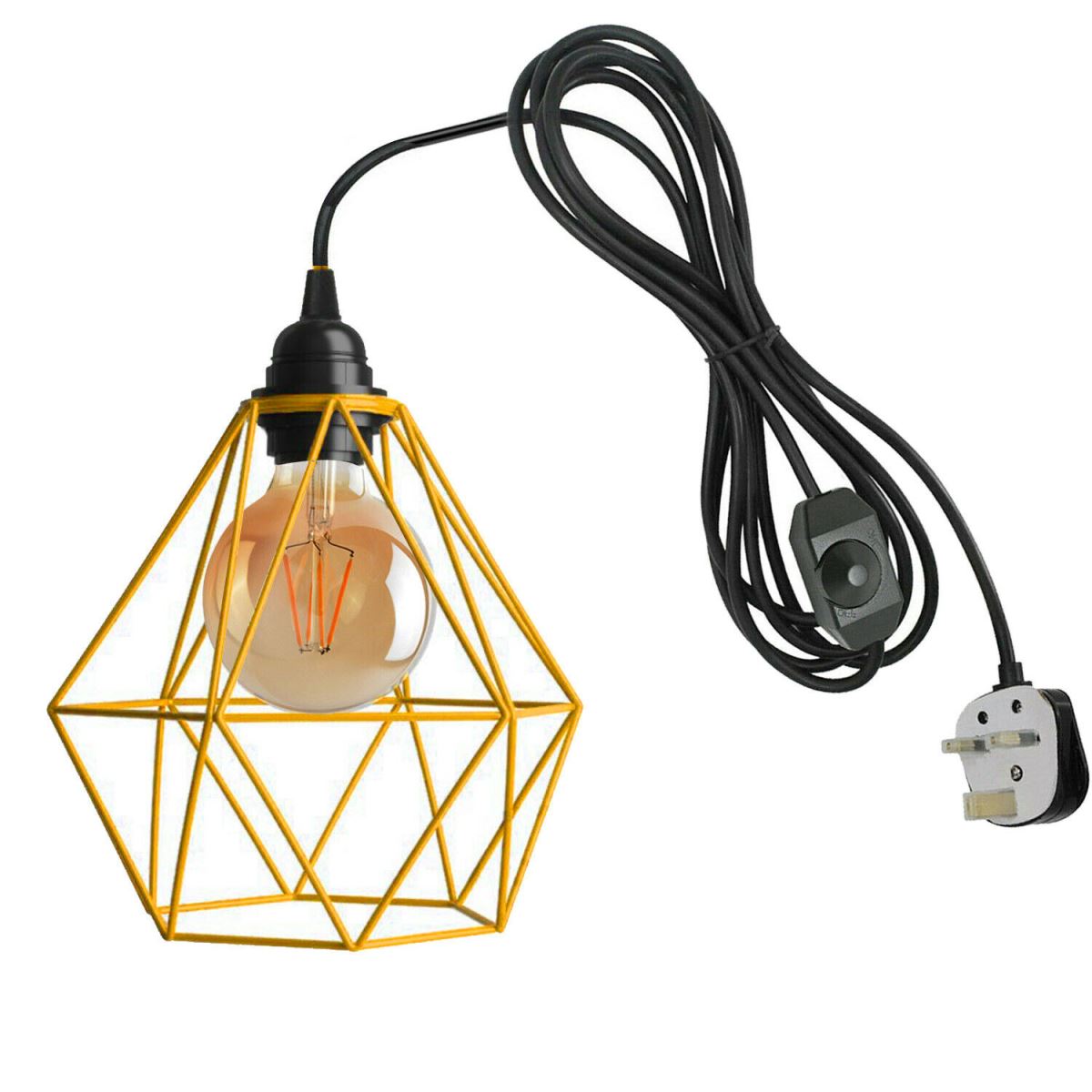 Plug-In Diamond Cage Pendant – 4 m Cable, Dimmer Switch, E27 - Black, Diamond Cage Yellow, G95 LED Bulb 4W