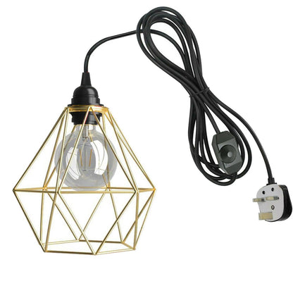 Plug-In Diamond Cage Pendant – 4 m Cable, Dimmer Switch, E27 - Black, Diamond Cage Gold, Without Bulb