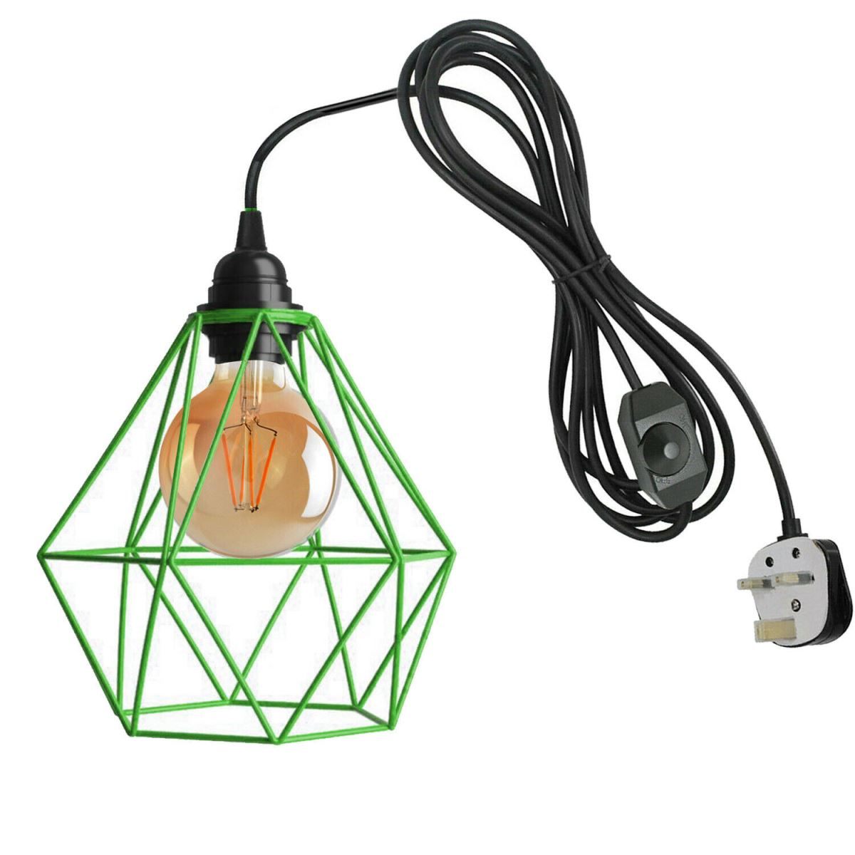 Plug-In Diamond Cage Pendant – 4 m Cable, Dimmer Switch, E27 - Black, Diamond Cage Green, Without Bulb