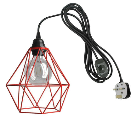 Plug-In Diamond Cage Pendant – 4 m Cable, Dimmer Switch, E27 - Black, Diamond Cage Red, Without Bulb