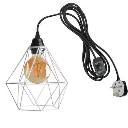 Plug-In Diamond Cage Pendant – 4 m Cable, Dimmer Switch, E27 - Black, Diamond Cage White, Without Bulb