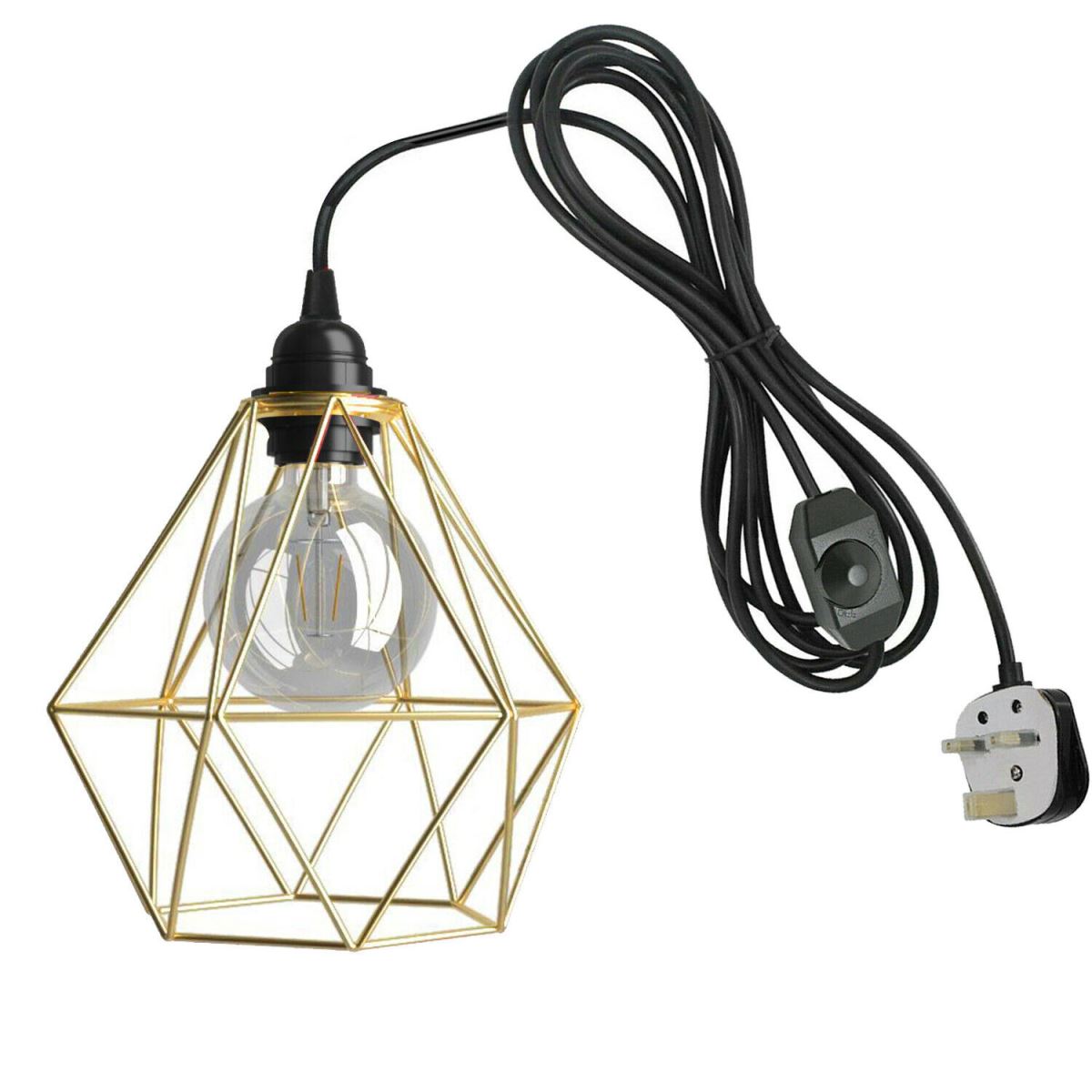 Plug-In Diamond Cage Pendant – 4 m Cable, Dimmer Switch, E27 - Black, Diamond Cage Gold, G95 LED Bulb 4W