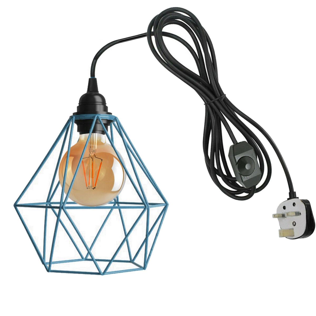 Plug-In Diamond Cage Pendant – 4 m Cable, Dimmer Switch, E27 - Black, Diamond Cage Blue, Without Bulb