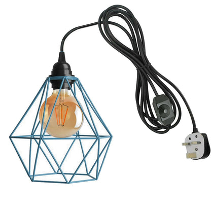Plug-In Diamond Cage Pendant – 4 m Cable, Dimmer Switch, E27 - Black, Diamond Cage Blue, Without Bulb