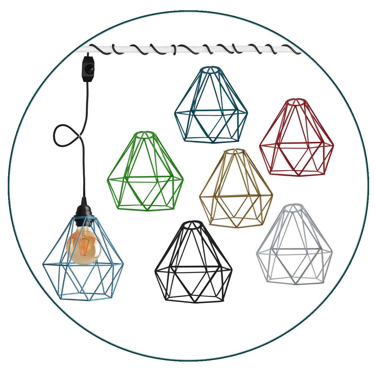Plug-In Diamond Cage Pendant – 4 m Cable, Dimmer Switch, E27
