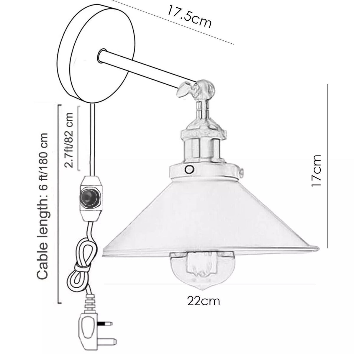 Plug-In Wall Light with Dimmer Switch – Black Dome or White Cone Shade - photo 2