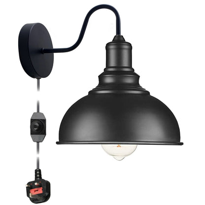 Plug-In Wall Light with Dimmer Switch – Black Dome or White Cone Shade - Standard, Curvy 21 cm Black, Without Bulb