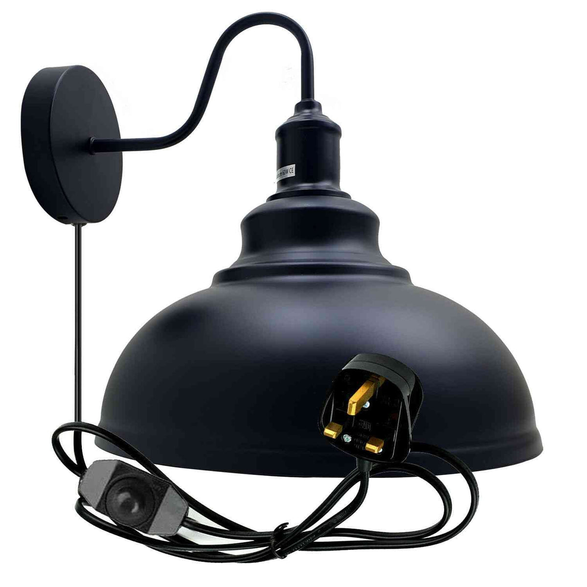 Plug-In Wall Light with Dimmer Switch – Black Dome or White Cone Shade - Standard, Curvy 29 cm Black, Without Bulb