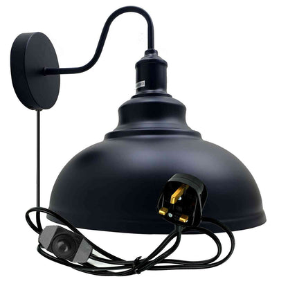 Plug-In Wall Light with Dimmer Switch – Black Dome or White Cone Shade - Standard, Curvy 29 cm Black, Without Bulb