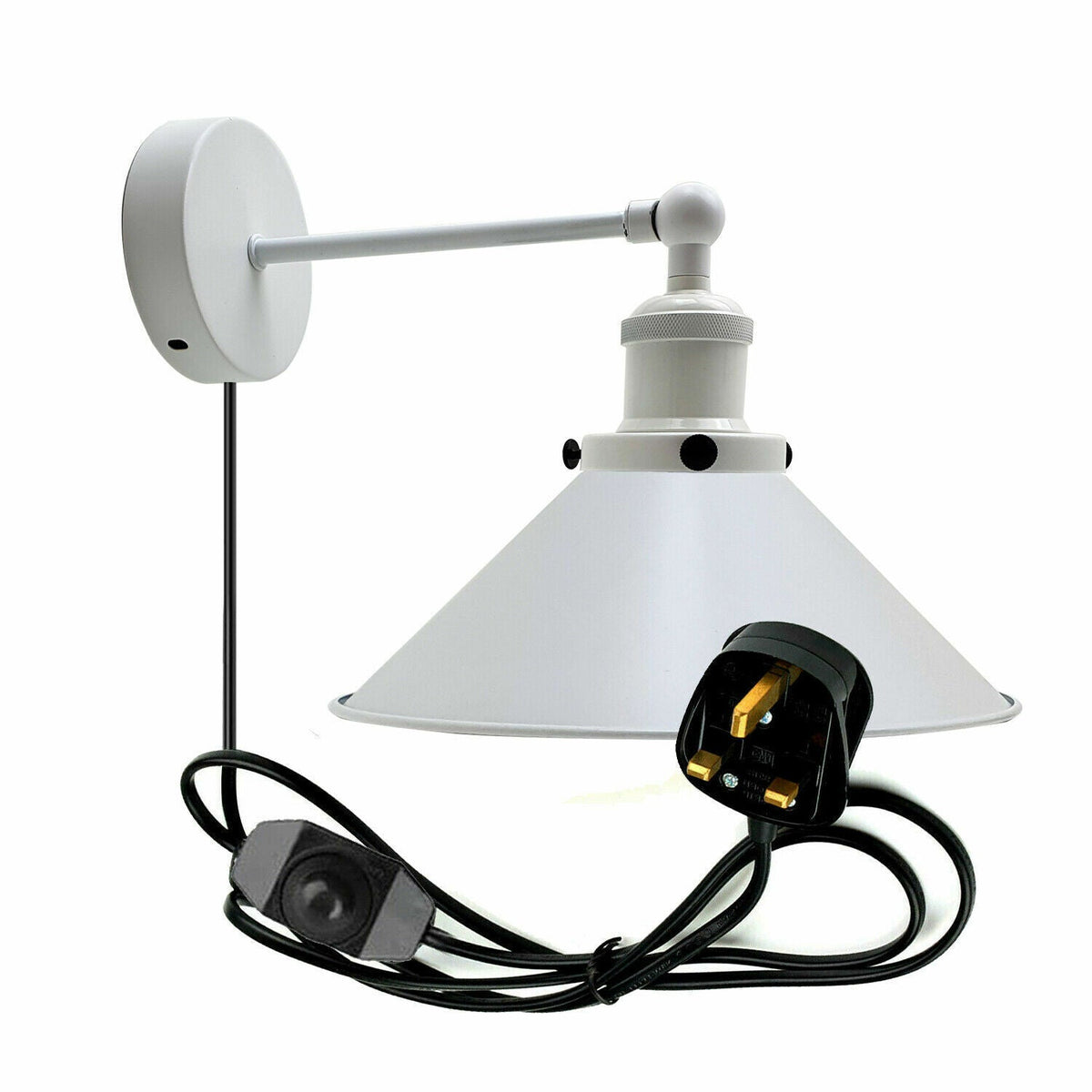 Plug-In Wall Light with Dimmer Switch – Black Dome or White Cone Shade - Standard, Flat Cone 22 cm White, Without Bulb
