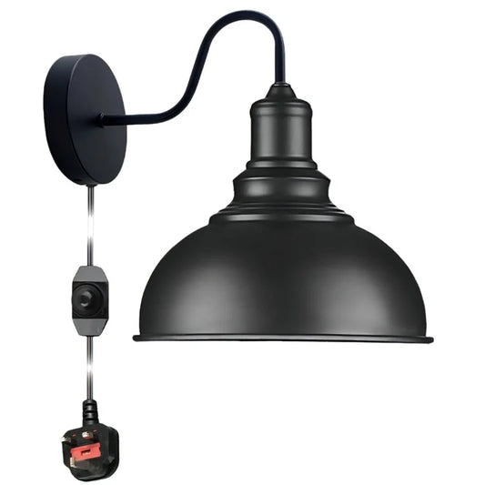 Plug-In Curved Arm Wall Light with Shade – Dimmer Cord, E27 - Black, Curvy 21 cm Black, Without Bulb