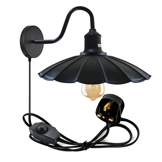 Plug-In Curved Arm Wall Light with Shade – Dimmer Cord, E27 - Black, Lounge 22 cm Black, Without Bulb