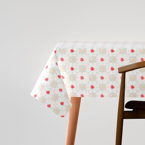 Floral Tablecloth – Red Star Flowers or Rose Tile Print, Wipe-Clean - Red Roses on Tiles, 152cm x 152cm