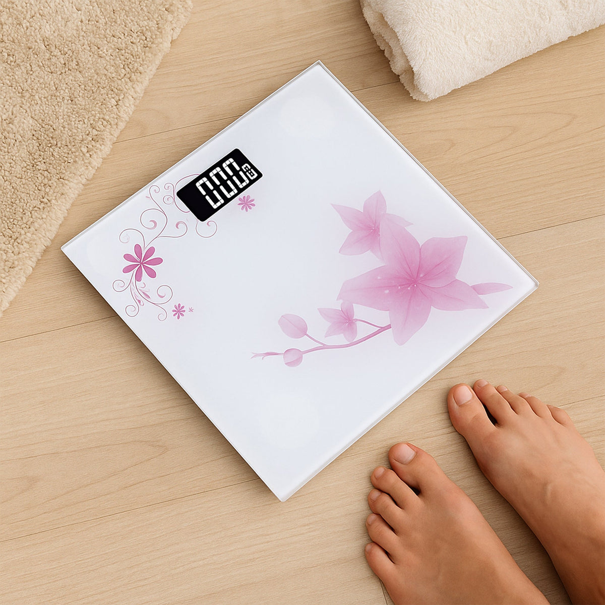 Square Digital Bathroom Scale – Hot Air Balloon or Pink Flower Glass, 180 kg - photo 11