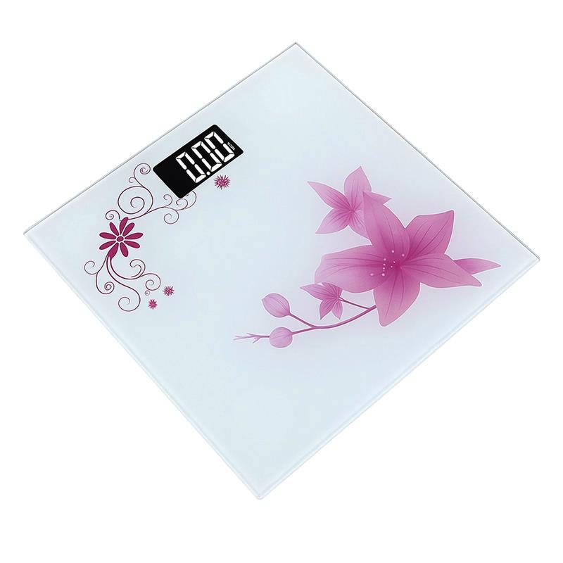 Square Digital Bathroom Scale – Hot Air Balloon or Pink Flower Glass, 180 kg - White, Pink Flower
