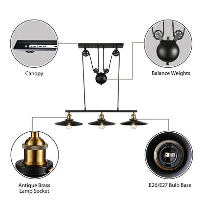3-Light Pulley Pendant – Rise & Fall Bar, Black, E27 - photo 4