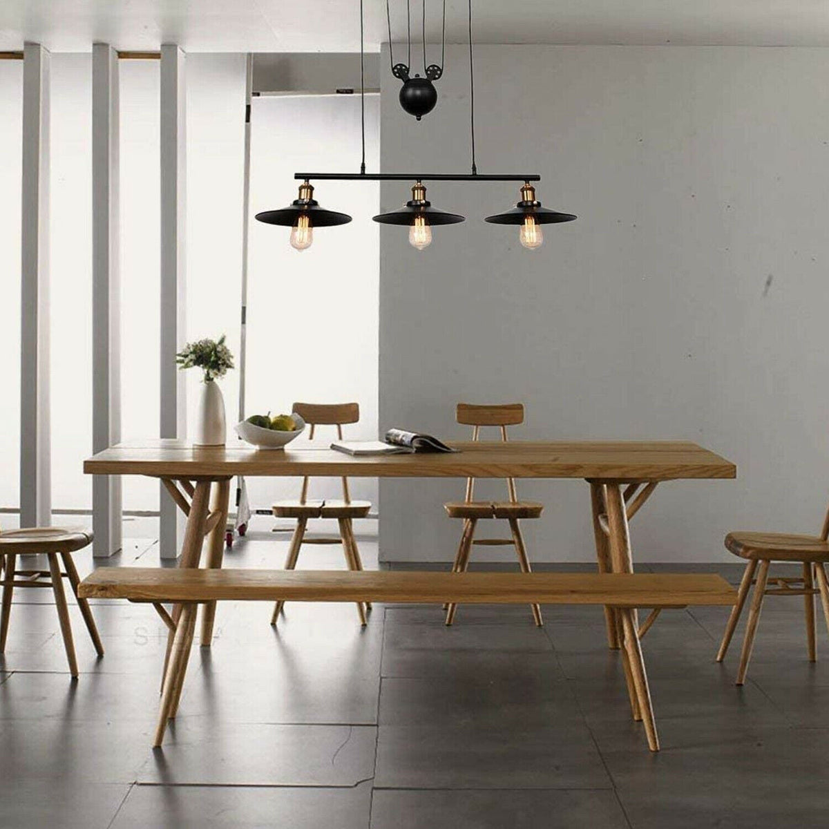 3-Light Pulley Pendant – Rise & Fall Bar, Black, E27 - photo 8
