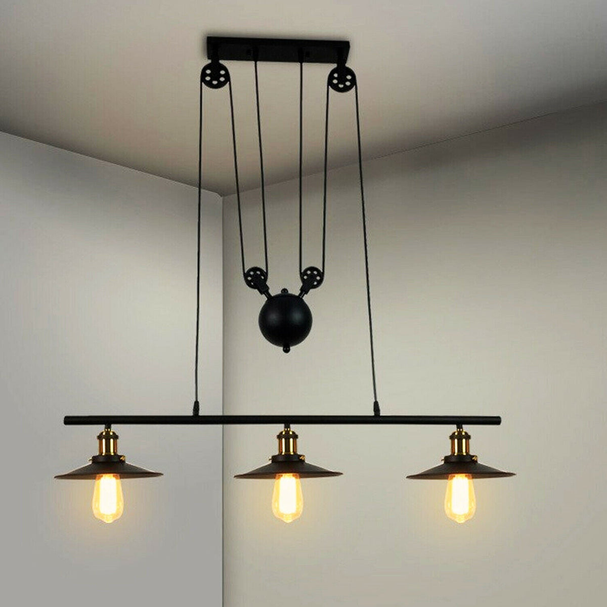 3-Light Pulley Pendant – Rise & Fall Bar, Black, E27 - photo 9