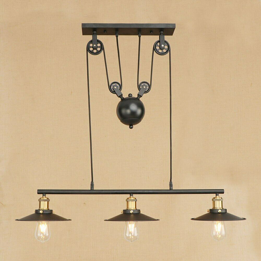 3-Light Pulley Pendant – Rise & Fall Bar, Black, E27 - Black, No Shade, ST64 Bulb