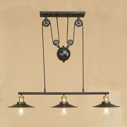 3-Light Pulley Pendant – Rise & Fall Bar, Black, E27 - Black, No Shade, ST64 Bulb