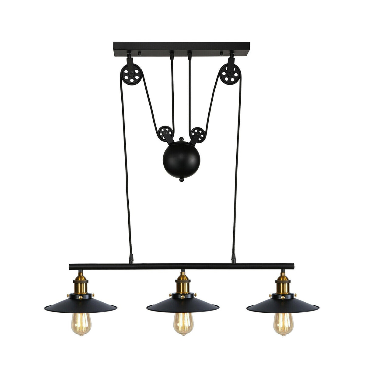 3-Light Pulley Pendant – Rise & Fall Bar, Black, E27 - Black, No Shade, Without Bulb
