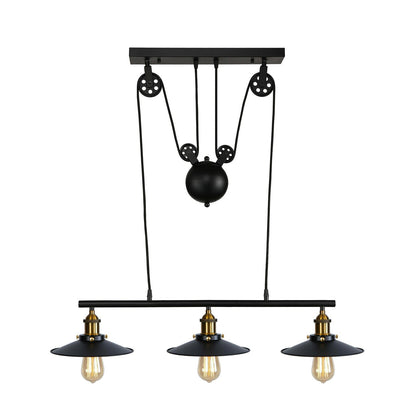 3-Light Pulley Pendant – Rise & Fall Bar, Black, E27 - Black, No Shade, Without Bulb