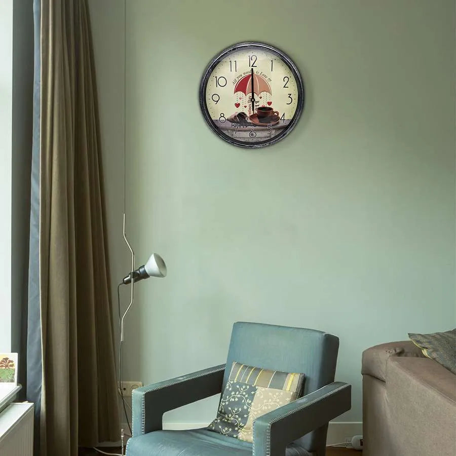 Round Wall Clock – Plain Black 35 cm or Vintage Umbrella & Coffee Cup 33 cm - photo 11