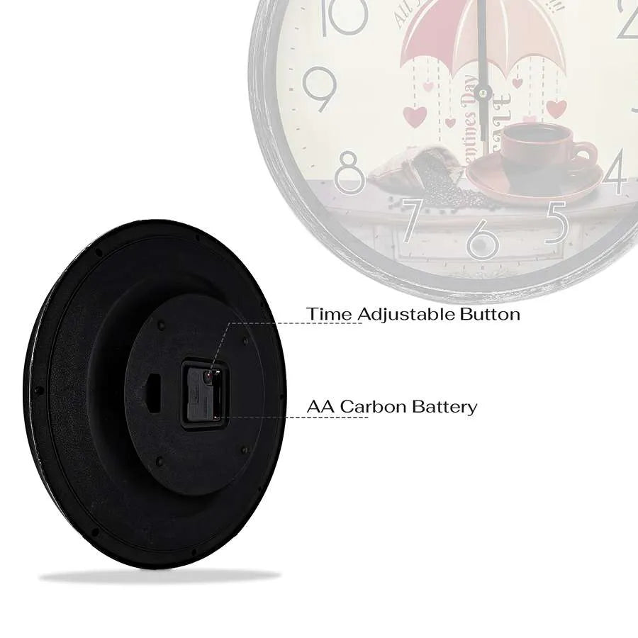 Round Wall Clock – Plain Black 35 cm or Vintage Umbrella & Coffee Cup 33 cm - photo 6