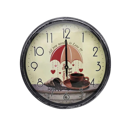 Round Wall Clock – Plain Black 35 cm or Vintage Umbrella & Coffee Cup 33 cm - Umbrella & Coffee Cup