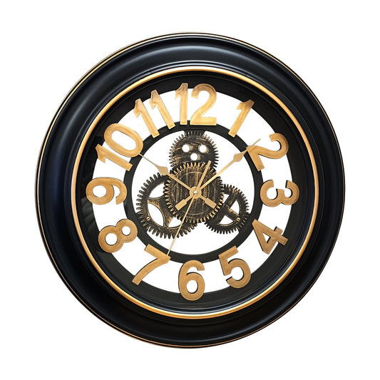Industrial Gear Wall Clock – 50 cm, Black & Gold, Open Dial