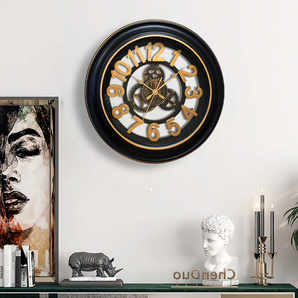 Industrial Gear Wall Clock – 50 cm, Black & Gold, Open Dial - photo 2
