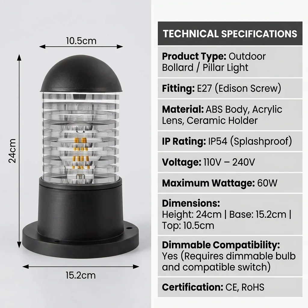 Outdoor Pillar Light E27 IP54 – Garden Bollard, Black - photo 2